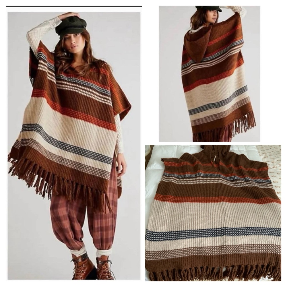 Free People Western Bohemian Leslie Striped Poncho in Canyon Combo Brown OS